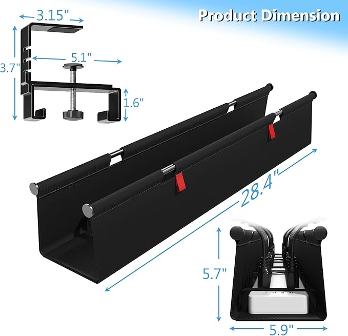 Litwaro Under Desk Cable Management Tray No Drill, 28.4" Cord Organizer with Clamp for Standing Desk, Premium Fabric Cable Tray with Wire Management for Office Home, Black