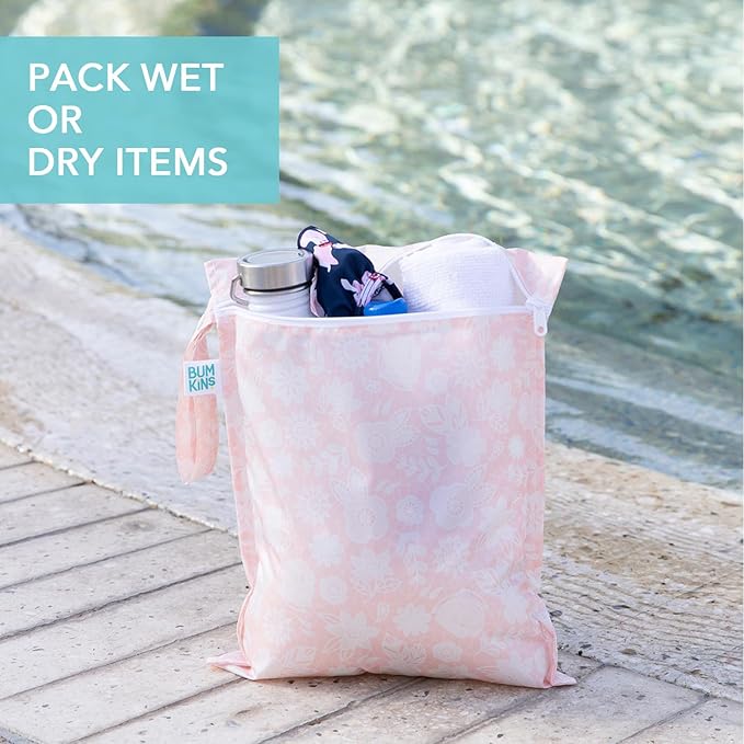 Bumkins Wet Bag and 3-Pack Clear-Sided Travel Pouches, Waterproof Organizer for Toiletries, Gym Clothes, Swim Gear, Shoes, Accessories, TSA Compliant Packing Set - Pink Lace - 4 Pack