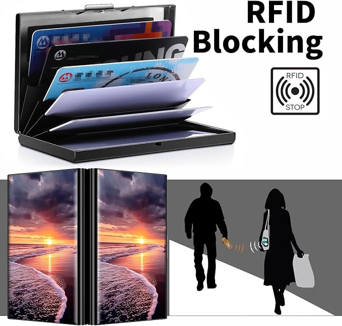 Metal Wallet for Women Men Girls, RFID Blocking Slim Aluminum Credit Card Holder, Mini Travel Wallet with Hard Shell, Lightweight ID & Business Card Case,Sea Beachs