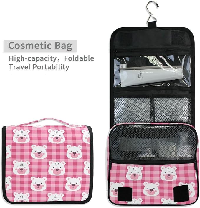 senya Hanging Travel Toiletry Bag Cute Kit Makeup Case Cosmetics Organizer for Men Women (Pink Checkered Bear's Face)