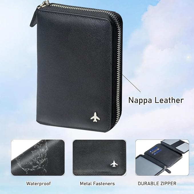 Pilot Wallet Passport Holder RFID Blocking Nappa Leather Travel Wallet, Stylish Travel Companion for Aviation Professionals (Black Silver)