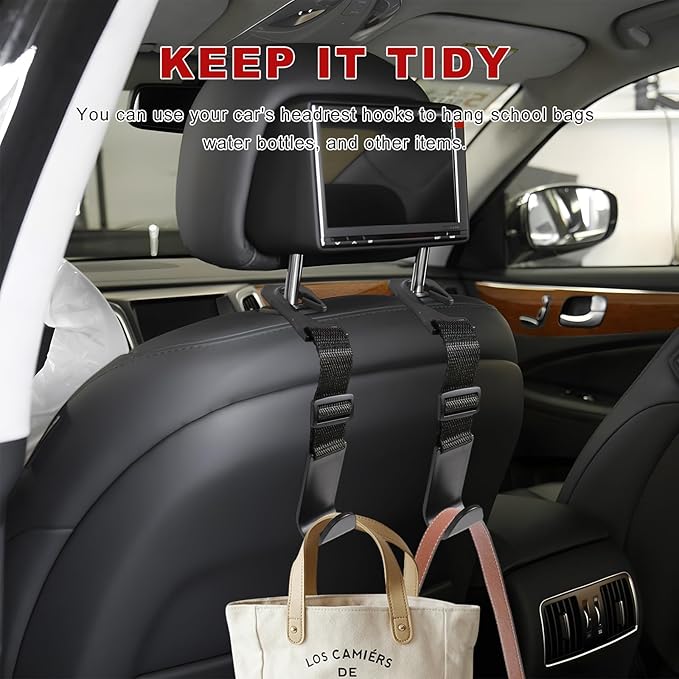 4PCS Car Seat Headrest Hook, Adjustable Vehicle Backseat Hanger Storage Organizer, Universal Seat Back Holder Hooks for Purse Coat Grocery Bag, Car Accessories (Black)
