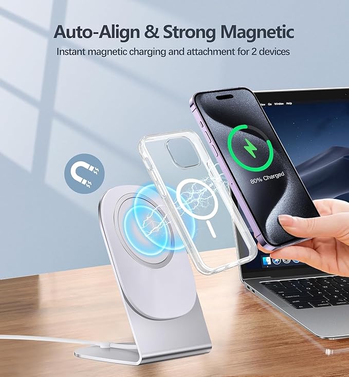 Magnetic Wireless Charger Mag-Safe Charger for iPhone 15/14/13/12 Series Convertible Magnet Wireless Charging Stand/Pad with Dual Charging Ports 5ft Cable for iPhone and AirPods 2/3/Pro (No Adapter)