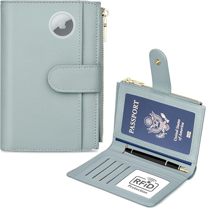 Passport Holder for Travel, Leather Passport Wallet with Airtag Slot, RFID Blocking Travel Wallet for Women Men, Passport Cover with Air Ticket Card Cash Coin Pocket, Travel Essentials Gift