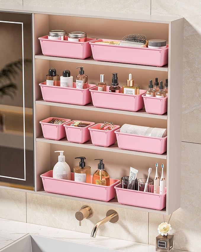 KEMETHY 25 PCS Plastic Drawer Organizers Set, 4 Sizes Vanity Organizer, Makeup and Desk Drawer Organizer Trays, Organization and Storage for Makeup, Bathroom, Kitchen Utensils and Office (Pink)