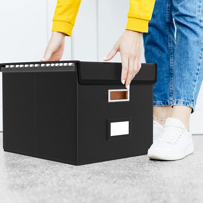 File Organizer Box with Lid, Collapsible Faux Leather Hanging File Folder Box Organizer with Plastic Slides, Decorative Home/Office Filing System Boxes for File and Folders Storage
