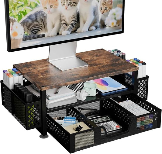 Simple Trending Desk Organizers and Accessories, Computer Monitor Stand Riser with Drawer and 2 Pen Holders, 2-Tier Computer Rack for Home Office, Wood