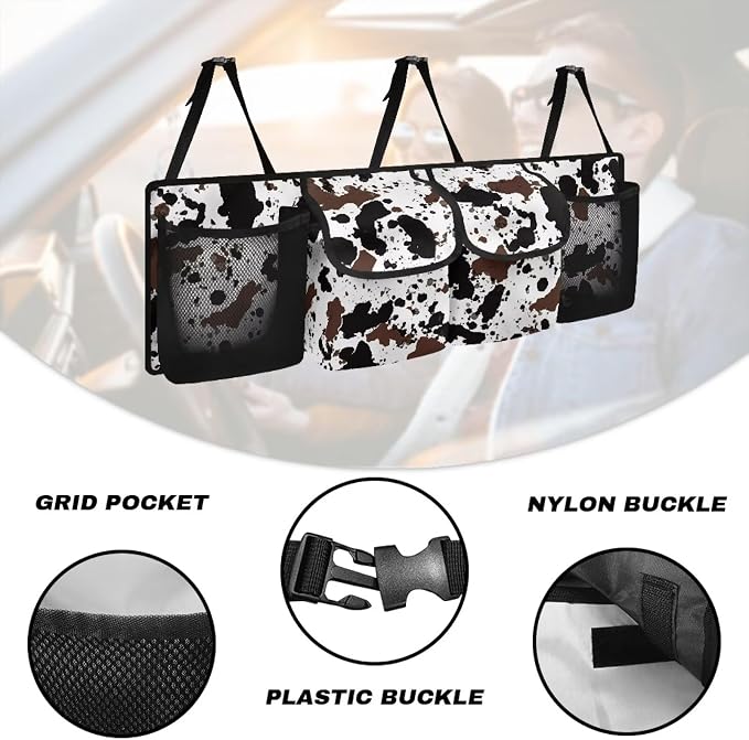 Cow Print Car Organizers and Storage Trunk Backseat Hanging Cargo Storage Bag with 2 Large Net Pockets 2 Magnetic Cover Foldable Capacity Car SUV Organizer