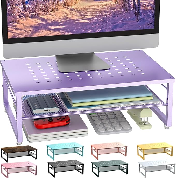 gianotter 2-Tier Metal Monitor Stand Riser, Office Desk Storage Organizer for Computer Monitor, Laptop, Printer, Office Supplies (Purple)
