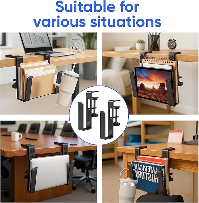 OOKUU Adjustable Desk Side Laptop Holder, No Drill Laptop Side Desk Mount, Hanging Side Desk Laptop Stand, Non-Slip Scratch-Resistant Pad（Black）