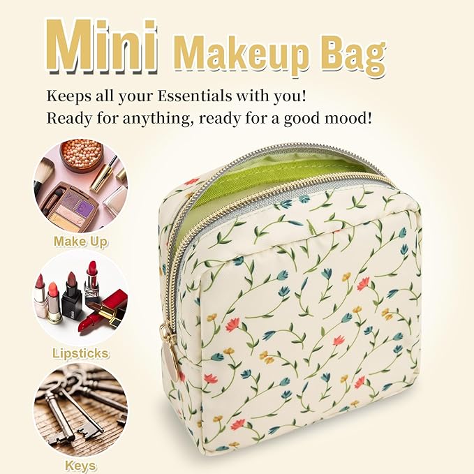 Nylon Mini Floral Makeup Bag for Purse, Small Cute Makeup Bag Preppy Cosmetic Zipper Pouch, Waterproof Travel Set Coin Pouch Sanitary Napkin Storage Bag Makeup Organizer for Women(Light Yellow-Flower)