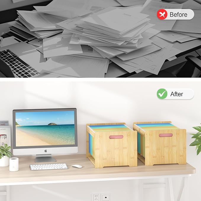 Hanging File Organizer Box for Letter Size, 2 Pack Bamboo File Folder Organizer, Storage Moving Boxes with Handle Wood Desk Filing Box for Office Banker Document