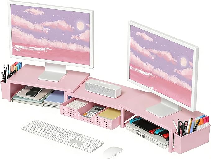 OPNICE Desk Organizers and Accessories, Dual Monitor Stand Riser with Drawer and 2 Pen Holders, Desk Shelf Wood Computer Racks for Office Workspace Organizers, Desktop Organization (Pink Wood)