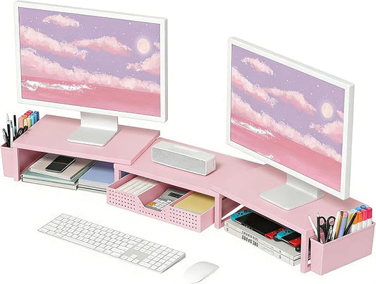 OPNICE Desk Organizers and Accessories, Dual Monitor Stand Riser with Drawer and 2 Pen Holders, Desk Shelf Wood Computer Racks for Office Workspace Organizers, Desktop Organization (Pink Wood)