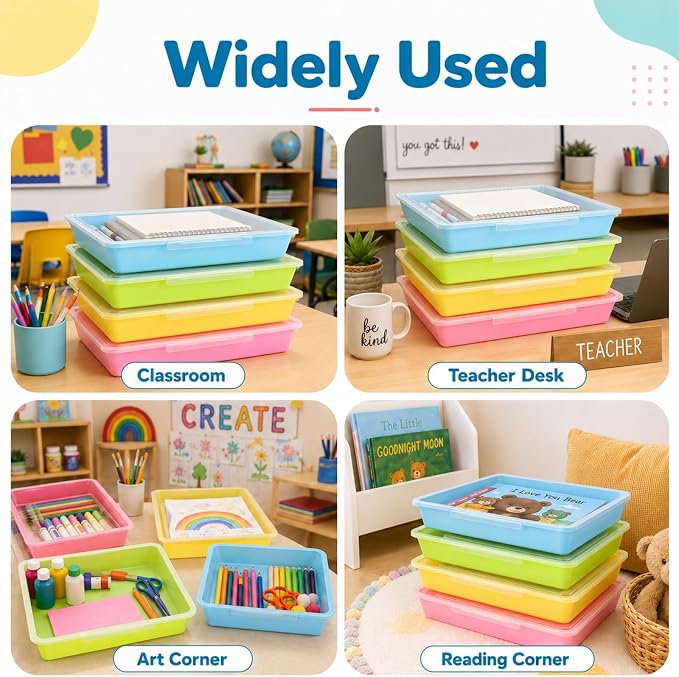 12 Pack Flat Storage Paper Tray with Clear Latching Lid Letter Size Organizer Bin Tray Plastic Latching File Organizer for Classroom Library School Office Teacher Desktop Book Organization (Pastel)