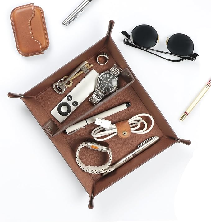 Londo Leather Tray Organizer - Practical Lightweight Water Resistant Computer Table Desk Storage Box for Wallets, Watches, Keys, Coins, Cell Phones and Office Equipment