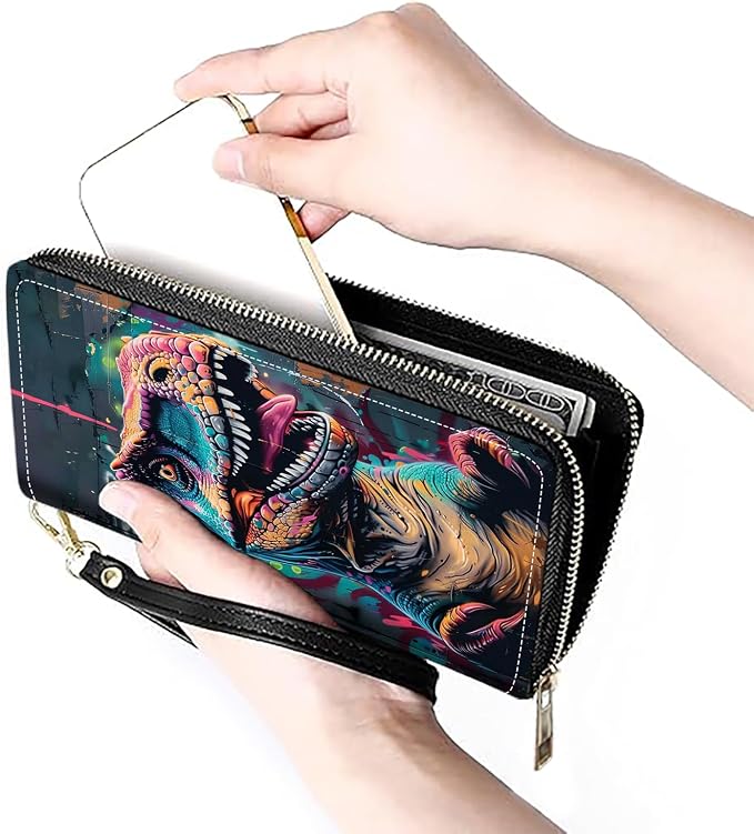 Women's Large Capacity Wallet PU Leather Zip Around Clutch Purse Multifunctional Wallet with Removable Wristlet Strap for Smart Phone/Coin/Card/Cash - Dinosaur