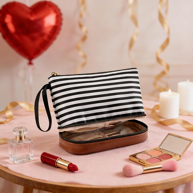 Ethereal Small Makeup Bag for Purse, Stripe Makeup Brush Organizer Bag Travel Make up Bags for Women Double Layer Makeup Pouch for Girls/Women