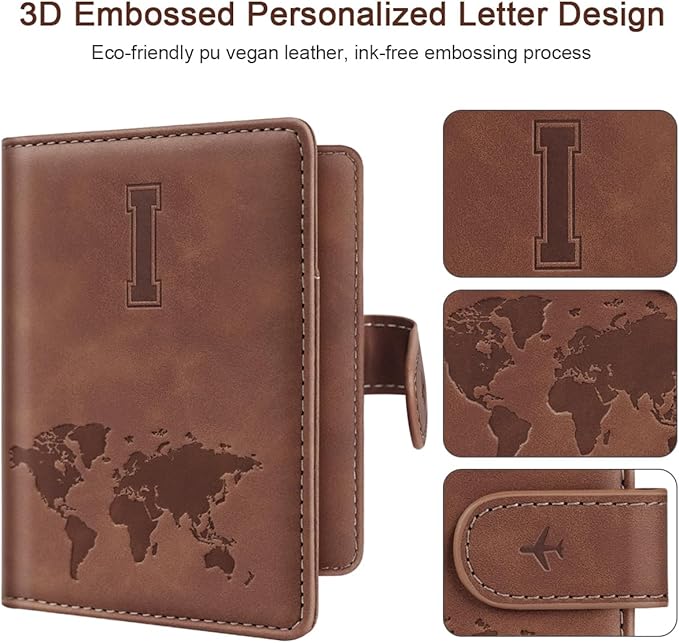 Passport Holder Wallet Cover Personalized Letter A-Z Travel Wallet RFID Blocking Passport Cover Wallet Case for Travel Passport Book Holders for Women and Men, Brown-I