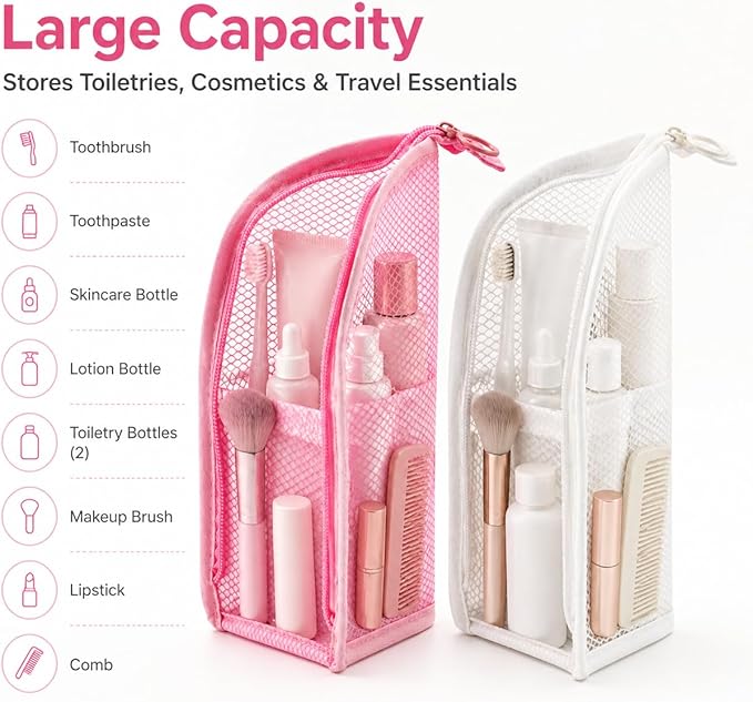 2 Pcs Standing Toiletry Bag, Portable Lightweight Travel Toiletry Bag, EVA Mesh Organizer Bag Cosmetic Zipper Pouch for Travel, Waterproof Dust-Free Stand-Up Small Toiletry Stationery Bag