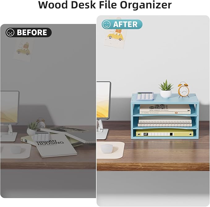 Marbrasse 3-Tier Wood Desk Organizer, Paper Letter Tray Organizer for Desk, Wooden Desktop File Organizer with Handle and Paper Sorter Mail Holder for Office School & Home Supplies Organization-Blue