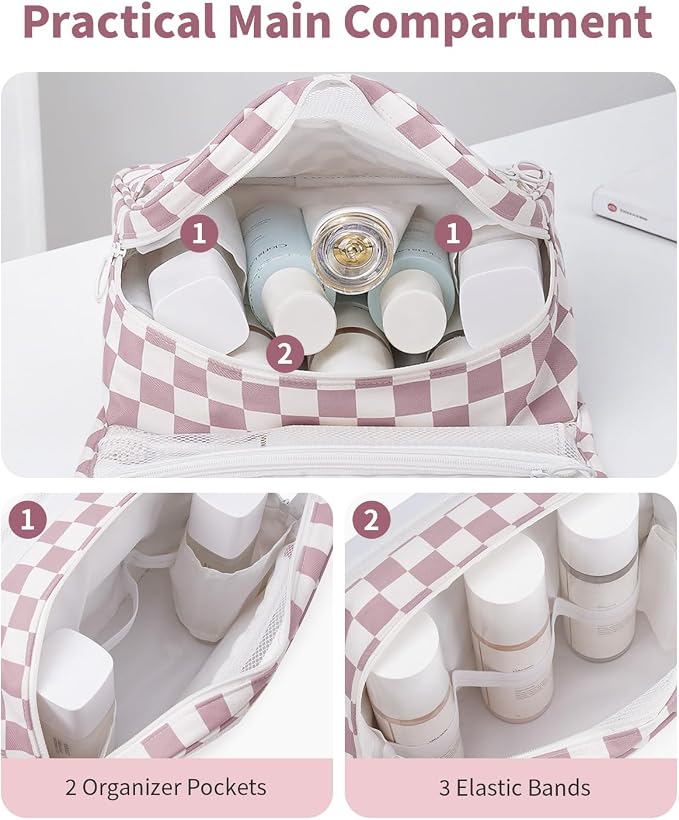 Narwey Small Hanging Travel Toiletry Bag for Traveling Women, Checkered Travel Bag for Toiletries, Makeup Bag Organizer Make Up Cosmetic Bags,Gifts for Kids Teen Girls (Dusty Pink Checkerboard)