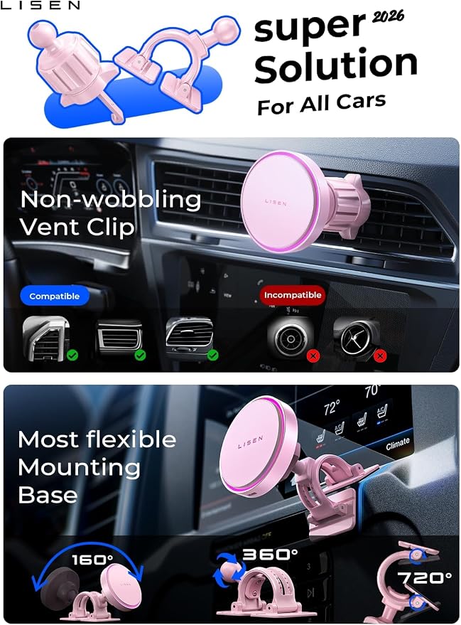 LISEN 15W MagSafe Car Mount Charger,[Light Pink] Magnetic Wireless Car Charger, Dashboard & Air Vent Car Phone Mounts, Car Phone Holder for iPhone 17-12, Samsung, Pixel, Cute Car Accessories for Women | [Light Pink & Purple LED light] Magsafe Car Mount...