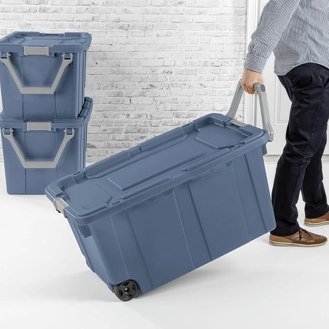 40 Gallon Plastic Storage Box, Wheeled Industrial Tote, Pack of 2