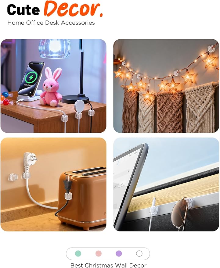Cable Clips,8 Pack Cord Holder Cord Organizer [1s Lock & Strongest Adhesive] Spring Cord Clips Phone Charger Wire Desk Cable Management Nightstand Home Office School Decor Women Desk,Transparent Clear