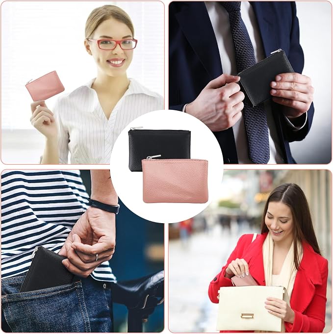 2 Pack Leather Zipper Coin Purse, Portable PU Leather Coin Purse,Mini Coin Pocket Pouch Change Holder, Coin Pouch with Zipper for Men Women Headset Credit Card ID Key Lipstick (Black&Pink)