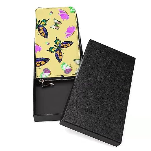 Clutch Wallet Holder for Women Men Colorful Butterflies with Wings Flying Flowers Portable Accordion Zipper Credit Card Storage Bag Waterproof Purse Leather Wallet for Travel Work Shopping