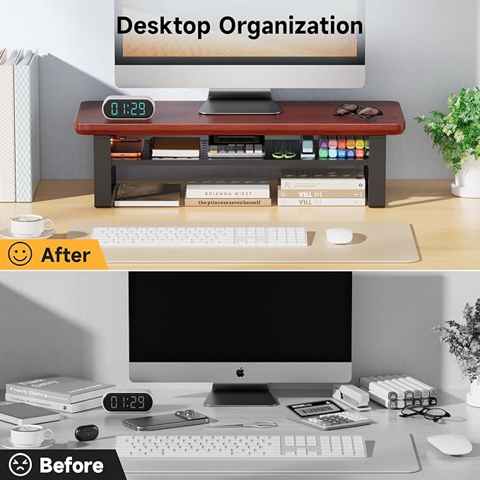 Monitor Stand Riser, 24 Inch Computer Monitor Stand for Desk, 2-Tier Wood Desk Shelf Organizer with Storage, Desktop Stand for Laptop/Screen/PC/Printer, Ergonomic Home Office Monitor Stand