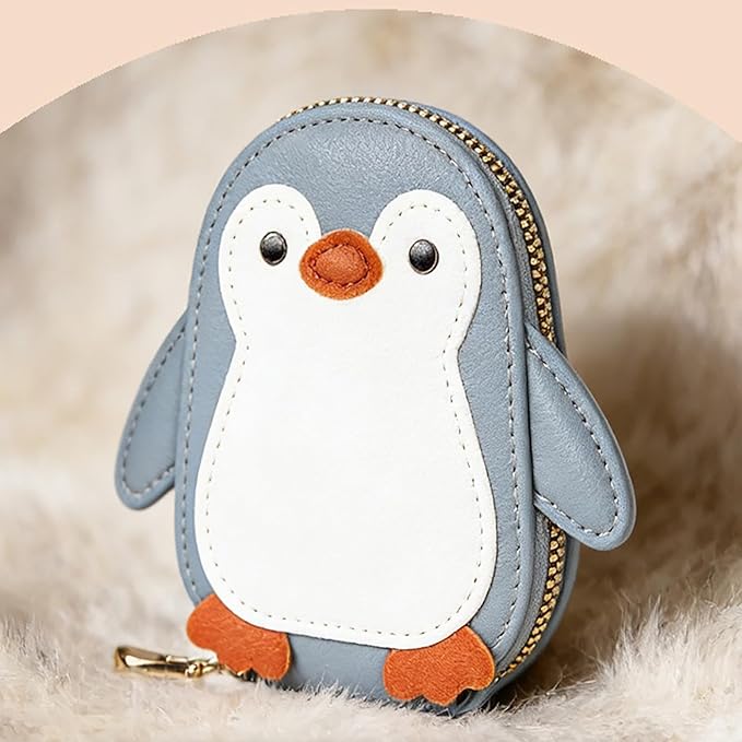 Cute Cartoon Penguin-shaped Coin Purse PU Leather Accordion Card Holder Large Capacity Zippered Money and Card Organizer Portable Mini Coin Purse (blue)