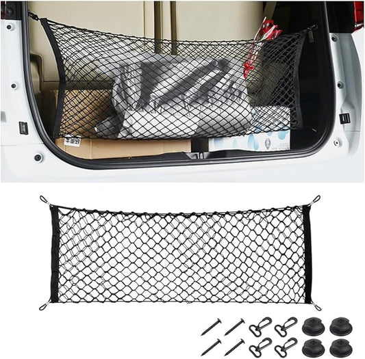 Car Rear Cargo Net, Adjustable Elastic Vehicle Double-Layer Mesh Storage Bag with Hooks, Stretchable Automotive Trunk Organizer Net, Universal for Sedan, RV, Truck (43.4" x 15.74")
