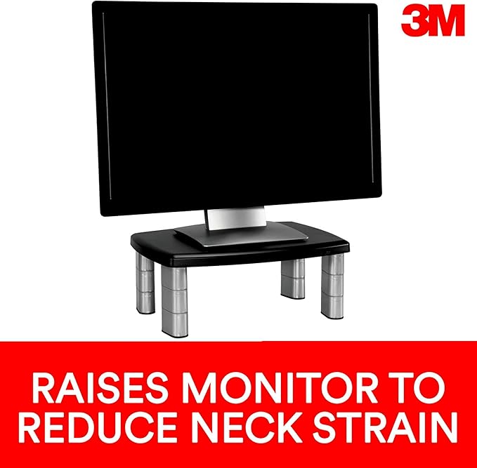 3M Adjustable Monitor Stand, Three Leg Segments, Simply Adjust Height from 1" to 5 7/8", Holds Up to 80 lbs, 11" Space Between Columns, Silver/Black (MS80B)