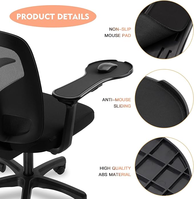 Ergonomic armrest Mouse pad for Chair, Chair arm Mousepad Mouse Tray, Attaches to Chair with Straps,Black