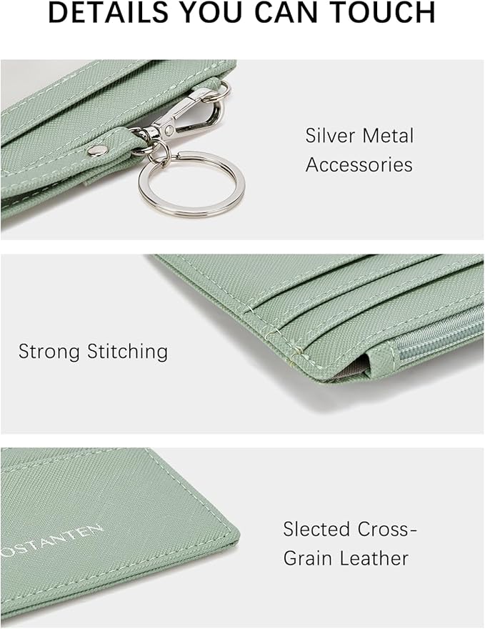 BOSTANTEN Small Wallet For Women RFID Leather Credit Card Holder Slim Wristlet Keychain Wallet With Zipper Pocket Light Green