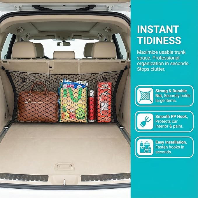 Car Cargo Net, 39.37" x 31.5" Elastic Stretchable Adjustable Vehicle Trunk Mesh Nets with Hook, Automotive Cargo Netting Storage Organizer, Universal for SUV Motorhome Lorry