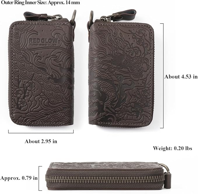 Red Glow Men’s Genuine Leather Smart Key Case, Multi-Function Dragon Pattern with 4 Key Rings & Removable Ring (RG-009)