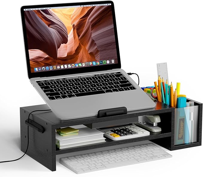 Adjustable Wood Laptop Stand, Ergonomic Height & Angle Computer Riser with Pen Holder – Compatible with MacBook Air/Pro, Dell, HP, Lenovo & 10-17.3" Notebooks – Black