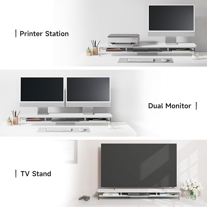 Fenge Acrylic Monitor Stand, 42.5 Inch Clear Dual Monitor Riser with Metal Storage, 2 Tier Computer Riser with LED Lights for Desk, Laptop, Printer, TV