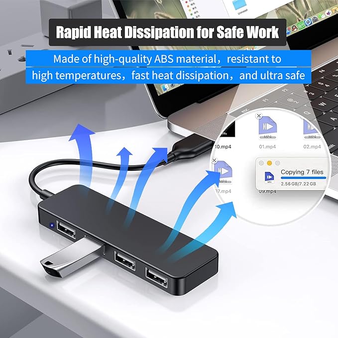 USB Adapter, 4-Port Extender for Laptop, PC, MacBook, Mac Pro, iMac, Surface Pro and More (Black - USB 2.0/1m)