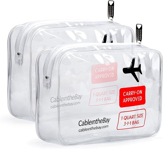 TSA Approved Clear Travel Toiletry Bag-Quart Sized with Zipper-Airport Airline Compliant Bag/Bottles-Men's/Women's 3-1-1 Kit+Travel (2 PACK)