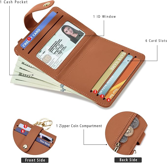 Airkit Small Wallets Woman RFID Blocking Leather Credit Card Holder - with ID Window - Card Wallets for Women - with Zipper Coin Purse - Keychain Wallet