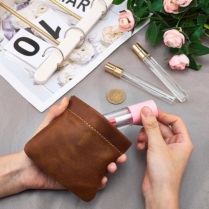 4.72 x 4.02 Inch Genuine Leather Small Makeup Cosmetic Bag for Purse Squeeze Coin Purse Pouch Crazy Horse Leather Self-Closing Pouchic Mini Snap Closure Organizer Pouch for Women Men(Brown)