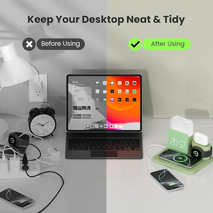 7 in 1 Charging Station for iPhone, Wireless Charging Station, Alarm Clock, Night Light, Wireless Charger for iPhone 17 16 15 14 13 12 Pro Max & Apple Watch - Charging Stand Dock for AirPods(Green)