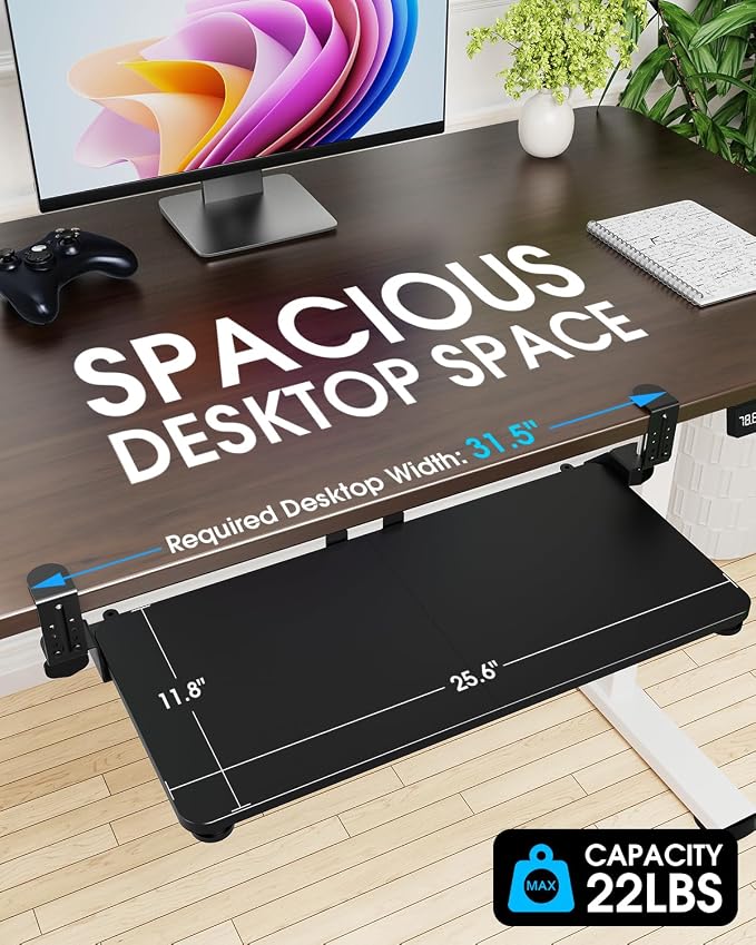 Large Keyboard Tray Under Desk, Pull Out Keyboard & Mouse Tray with Adjustable C-clamp, 25.6(31.5 Including Clamps) x 11.8 Inch Slide Out Computer Keyboard Drawer Mouse Tray for Typing, Black