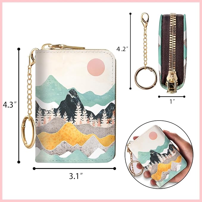 Blusabaca RFID Credit Card Holder Wallets for Women, Sunset Sunrise Mountain Small Card Case Wallet with Keychain and Zipper, Leather Card Holder Pocket Business Card Accordion Wallet