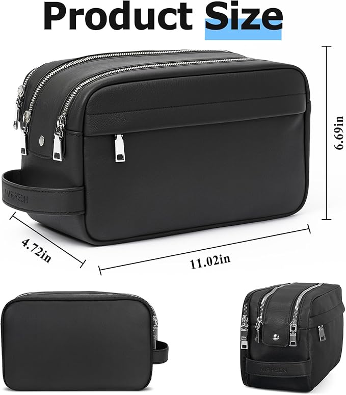 MIRASON Travel Toiletry Bag for Men Thickened Leather Travel Bag for Toiletries, Dopp Kit Water-resistant Shower Bag for Shaving Gym Bathroom Organizer Gifts for Men, Black