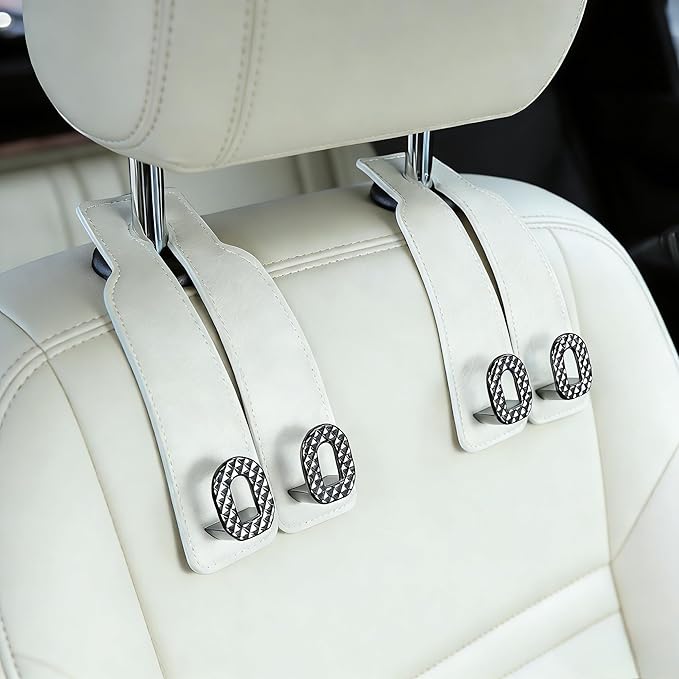 Car Headrest Hooks Universal Car Purse Hook Premium Leather and Alloy Twin Hook Car Seat Back Storage Hanger Hook for Purse Bags Cloth Drink Durable Holder Car Accessories (BH09-White-Black)
